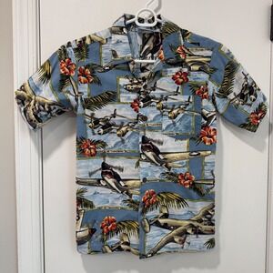 RJC Boys WWII Airplane Hawaiian Shirt Blue Cotton Rayon Size 12 Made in Hawaii
